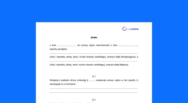 Aneks do umowy najmu nieruchomości. Dokument określa warunki dzierżawy i dane stron umowy.