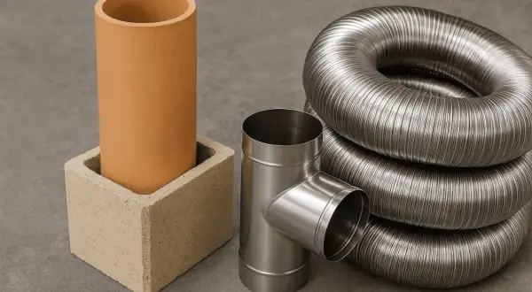 Elementy do budowy kominów żaroodpornych: ceramiczna rura, stalowy trójnik i zwinięte wkłady kominowe.