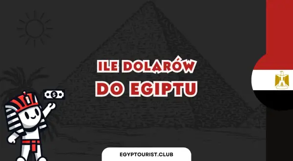 Ile dolarów do Egiptu na tydzień? Urocza postać w stroju faraona trzyma banknot, a w tle piramida i flaga Egiptu.