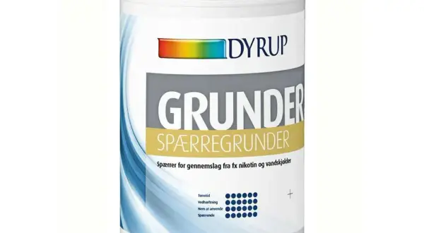 En burk med DYRUP SPÆRREGRUNDER, en primer grundfärg som blockerar fläckar från nikotin och vatten.
