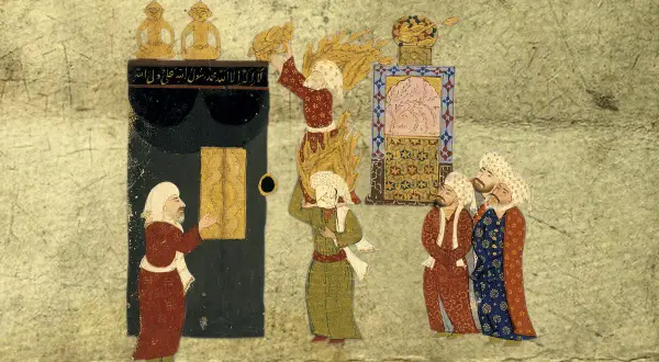 En illustration visar profeten Muhammeds tidiga liv. En man vid Kaba, en annan bär eld, och åskådare.