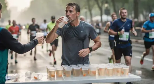 Un coureur assoiffé boit à une station de ravitaillement, essentiel pour l'hydratation marathon. D'autres coureurs en arrière-plan poursuivent leur course.