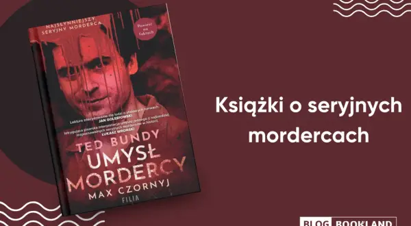 Okładka książki "Ted Bundy: Umysł mordercy" z krwawymi smugami. Obok tytuł "Książki o seryjnych mordercach".