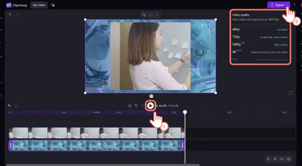 Zdjęcie z filmu: Kobieta przykleja karteczki na tablicy, a obok widać opcje eksportu wideo, w tym wybór jakości.