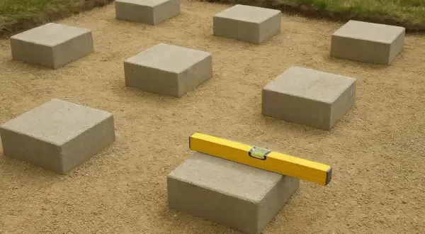 Betonowe bloczki ułożone na piasku, z poziomicą na jednym z nich.