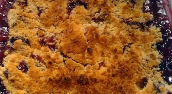 Delicioso crumble de ciruelas recién horneado, con una capa dorada y crujiente sobre la fruta jugosa.
