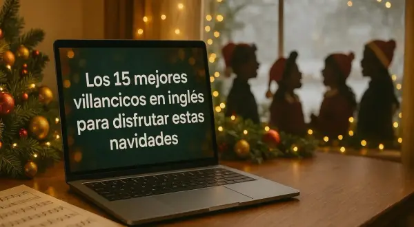 Laptop muestra "Los 15 mejores villancicos en inglés para disfrutar estas navidades". Árbol de Navidad y luces decoran la escena.