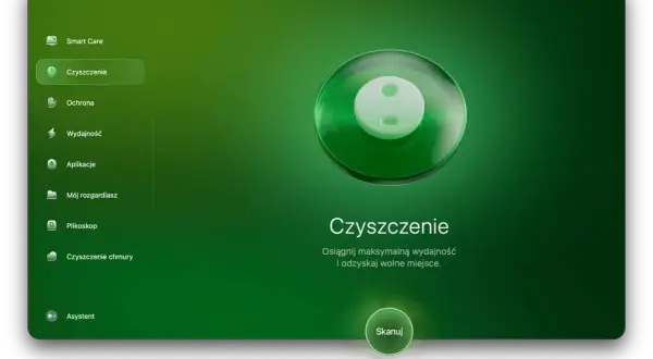 Interfejs programu do czyszczenia komputera. Opcja "Czyszczenie" jest podświetlona, sugerując usuwanie zbędnych plików, w tym pamięci podręcznej aplikacji.