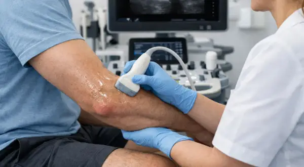 Lekarz wykonuje usg łokcia pacjenta, używając żelu i sondy. Na ekranie widoczny jest obraz diagnostyczny.