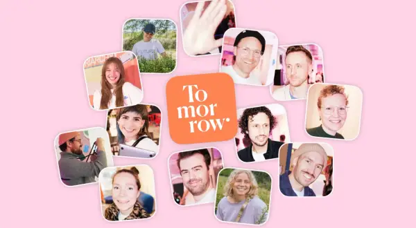 Gesichter von Menschen, die für die tomorrow bank arbeiten, lächeln in kleinen, abgerundeten Fotos.