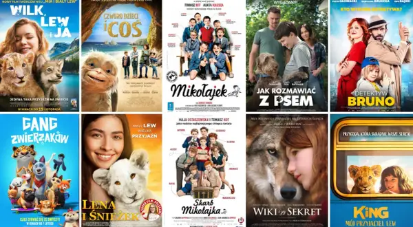 Plakaty filmowe: "Wilk, Lew i Ja", "Człowiek, który pokochał psa", "Detektyw Bruno", "Gang Zwierzaków", "Skarb Mikołajka", "Wiki i jej sekret", "King, mój przyjaciel lew". Idealne filmy dla dzieci 7 lat.