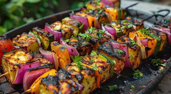 Brochettes de légumes grillés, un accompagnement barbecue parfait avec des morceaux de paneer, poivrons, oignons rouges et courgettes.