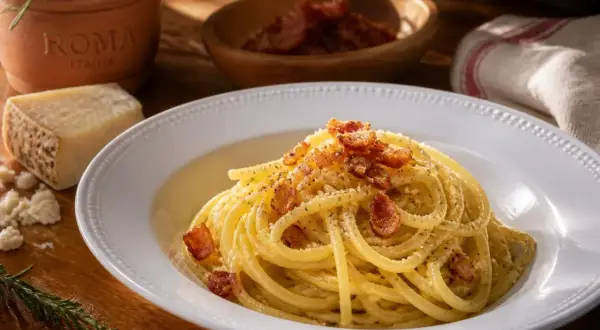 Un plat de pâtes carbonara crémeuses, garni de lardons croustillants et de parmesan râpé, avec un pot "Roma Italia" en arrière-plan.