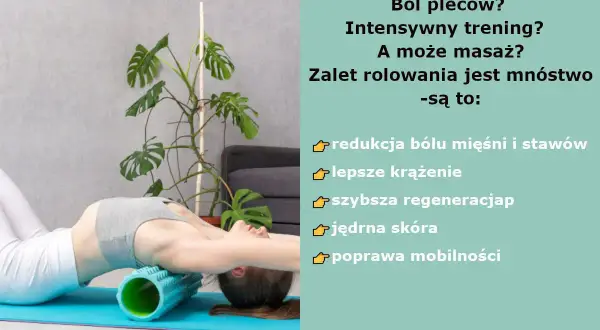 Kobieta z wałkiem pod plecami. Rolowanie kręgosłupa przeciwwskazania nie są tu widoczne, ale zalety to redukcja bólu i lepsze krążenie.