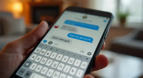 Jak ustawić polskie znaki w SMS? Na ekranie telefonu widać klawiaturę i okno wiadomości.