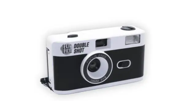 A white and black half frame camera with "DOUBLE FILM SHOT" text.