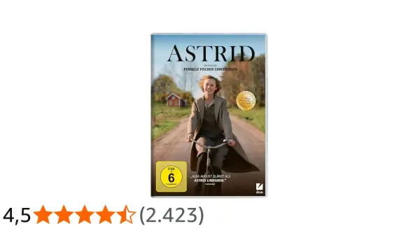 DVD-Cover des Films "Astrid" mit Alba August auf dem Fahrrad. Ein Film, der die Jugend von Astrid Lindgren zeigt, verfügbar in der ZDF Mediathek.