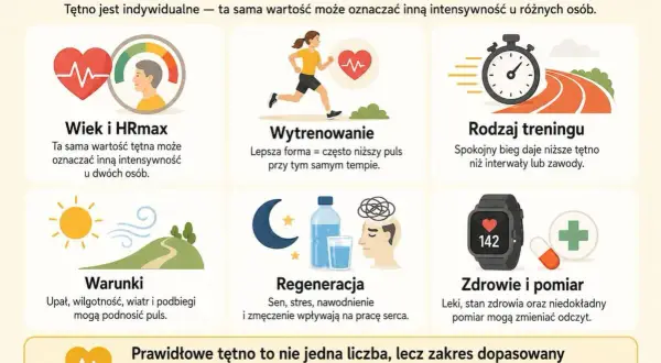 Wiek, wytrenowanie, rodzaj treningu, warunki, regeneracja i zdrowie wpływają na to, jakie tetno podczas biegu jest prawidłowe.