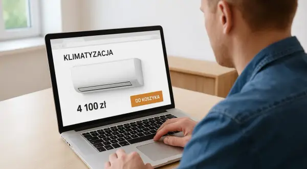 Sprawdzam, ile kosztuje montaż klimatyzacji. Na ekranie laptopa widzę cenę 4100 zł i przycisk "Do koszyka".