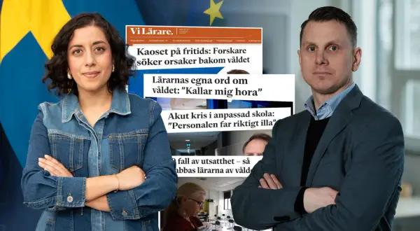 Kvinna och man med armarna i kors framför tidningsurklipp om våld i skolan. De representerar en inre resurs för att hantera utmaningar.