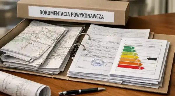 Teczka z dokumentacją powykonawczą: mapy, raporty i certyfikat energetyczny.