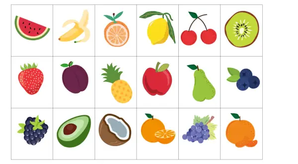 Karty pracy z owocami i warzywami do gry memory: arbuz, banan, pomarańcza, cytryna, wiśnie, kiwi, truskawka, śliwka, ananas, jabłko, gruszka, borówki, jeżyna, awokado, kokos, mandarynka, winogrona.