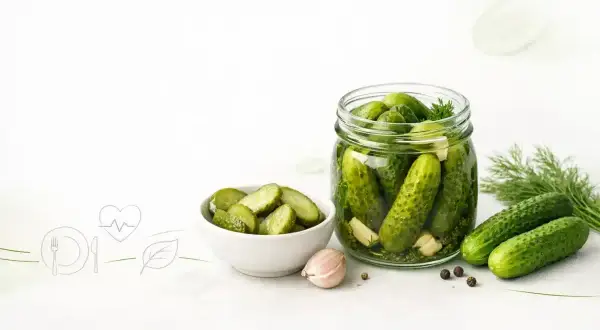 Słoik pełen ogórków kiszonych, miseczka pokrojonych, czosnek i koperek. Czy ogórki kiszone są zdrowe? Tak, to naturalny probiotyk!