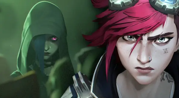 Jinx und Vi sind bereit für die lol neue staffel! Ihre Gesichter sind nah dran, mit Violets roten Haaren und Jinx' Kapuze, die ihr Gesicht verdeckt.