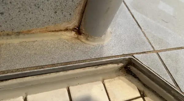 Schimmel an Fliesenfugen, oft durch Feuchtigkeit verursacht, breitet sich in Ecken und an Übergängen aus.