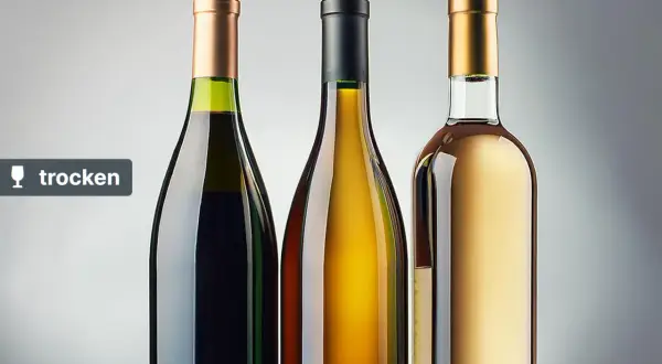 Drei Flaschen Wein, rot, gelb und weiß, stehen nebeneinander. Ein Etikett mit dem Wort "trocken" ist auf der linken Flasche zu sehen.