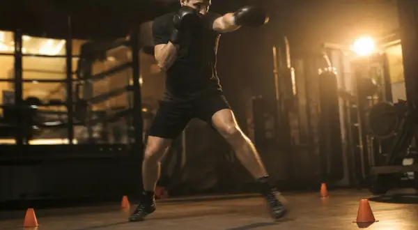 A determined pivot fighter in black boxing gloves and shorts practices in a dimly lit gym, his body a blur of motion.