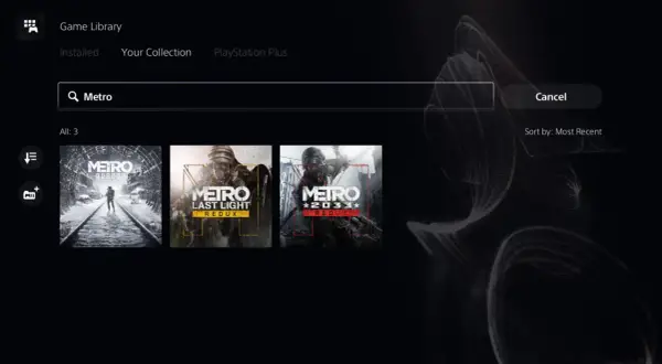 Biblioteka gier z wyszukaniem "Metro". Widoczne okładki gier: Metro Exodus, Metro Last Light Redux i Metro 2033 Redux.