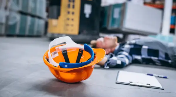 Pomarańczowy kask leży obok nieprzytomnego pracownika. To scena po wypadku na budowie, gdzie można dochodzić odszkodowanie za wypadek na budowie UK.