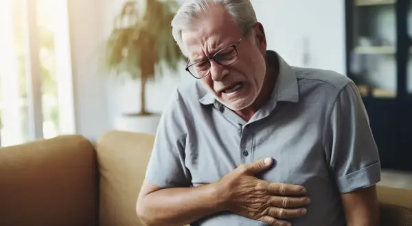 Älterer Mann mit schmerzverzerrtem Gesicht hält sich die Brust. Mögliche Herzinsuffizienz Symptome.