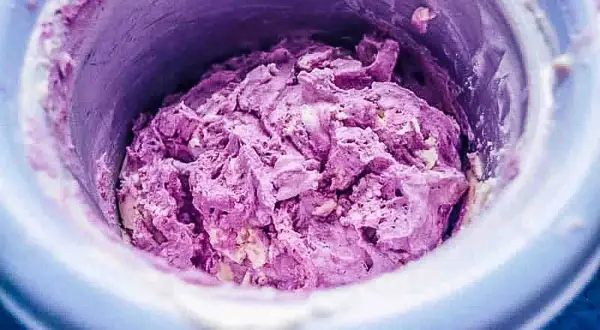 Frisch zubereitetes, lila gefrorenes Joghurt-Rezept in einer Eismaschine.