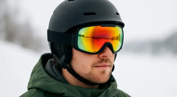Mężczyzna w czarnym kasku na snowboard i goglach z kolorowym lustrem. Idealny zestaw na stok, by czuć się bezpiecznie i stylowo.