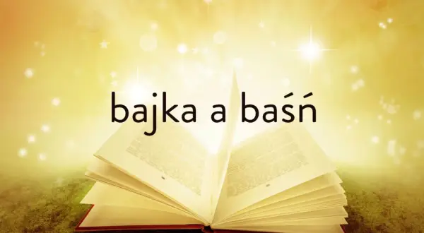 Otwarta książka z napisem "bajka a baśń" na tle złotych promieni i gwiazdek.
