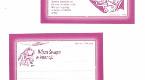 Karta z prośbą o Mszę Świętą w intencji zmarłych. Prośba o wieczny odpoczynek dla nich.