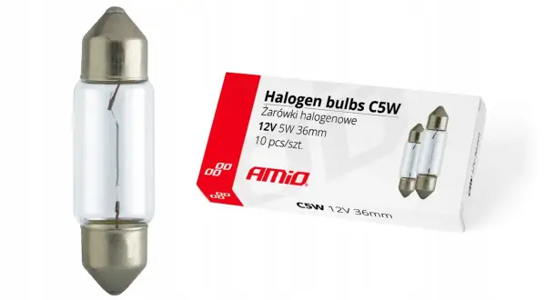 Pojedyncza żarówka halogenowa C5W 12V 36mm obok opakowania z dwoma żarówkami.