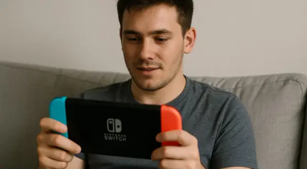 Mężczyzna gra na konsoli Nintendo Switch, która jest jego ulubioną rozrywką.
