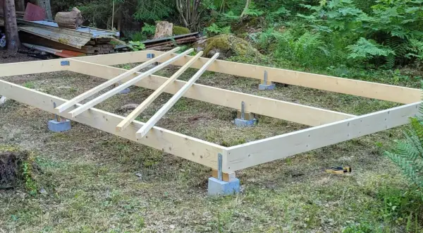 Grundläggande stomme för att bygga hus på plintar. Träbjälkar vilar på betongblock i en skogsmiljö.