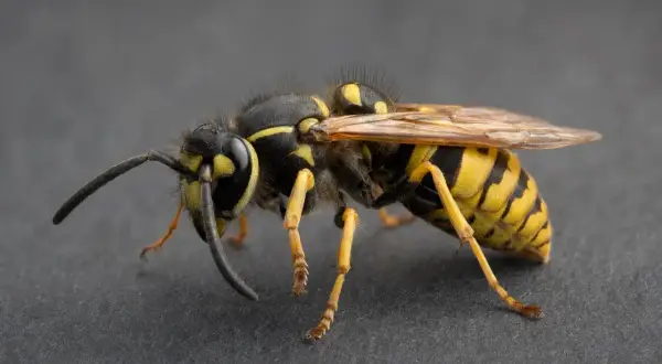 En närbild av en bålgeting med sina karakteristiska gula och svarta ränder. Den sitter på en mörk yta, redo att flyga iväg från sitt bålgeting bo.