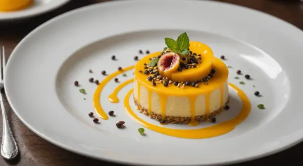 Gâteau crémeux nappé d'un coulis fruit de la passion, décoré d'une figue et de grains de chocolat.