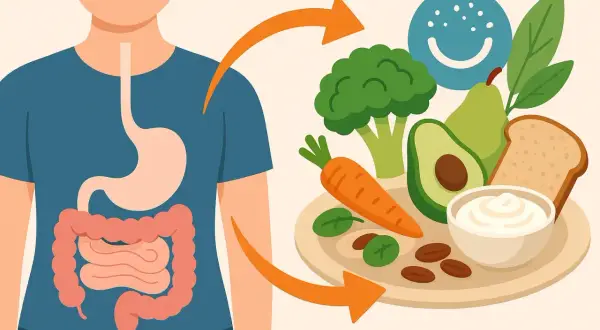 Zdrowa dieta z warzywami, owocami i jogurtem pomoże Ci jak poprawić trawienie. Uśmiechnięta buźka symbolizuje dobre samopoczucie.