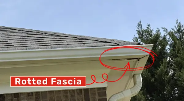 Rotted fascia board circled in red, indicating a need for fascia board replacement.