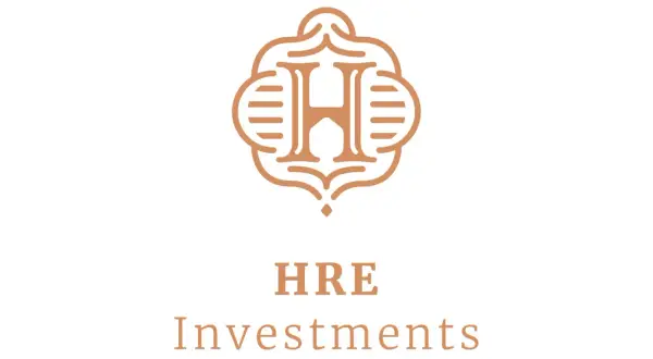 Logo HRE Investments: ozdobny symbol litery H nad tekstem HRE Investments.