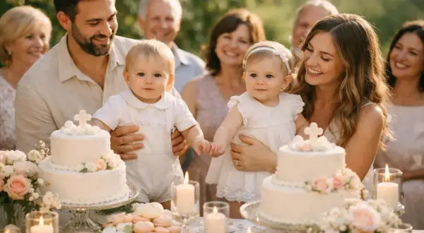 Joyeux baptême catholique pour ces adorables jumeaux, entourés de leur famille.