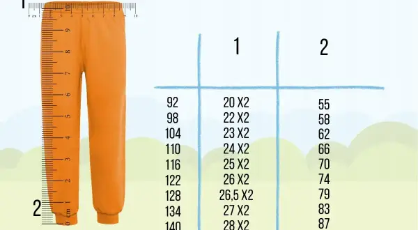 Pomarańczowe spodnie obok miarki. Tabela rozmiarów: rozmiar 110 jaki wiek? 110 cm to 24x2, 66.