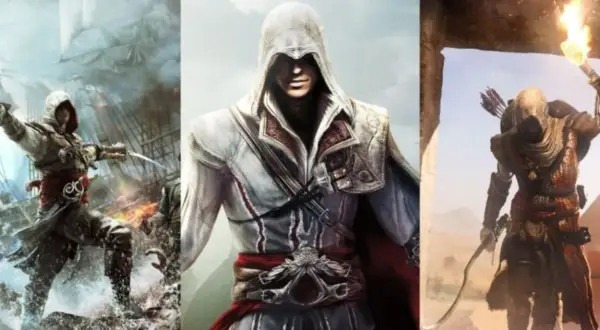 Trzy postacie z gier Assassin's Creed: pirat na morzu, asasyn w bieli i wojownik pustyni z pochodnią.