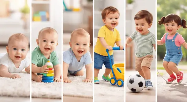 Bebés gateando, jugando con un carrito y un balón, y saltando la cuerda, mostrando el desarrollo motor.